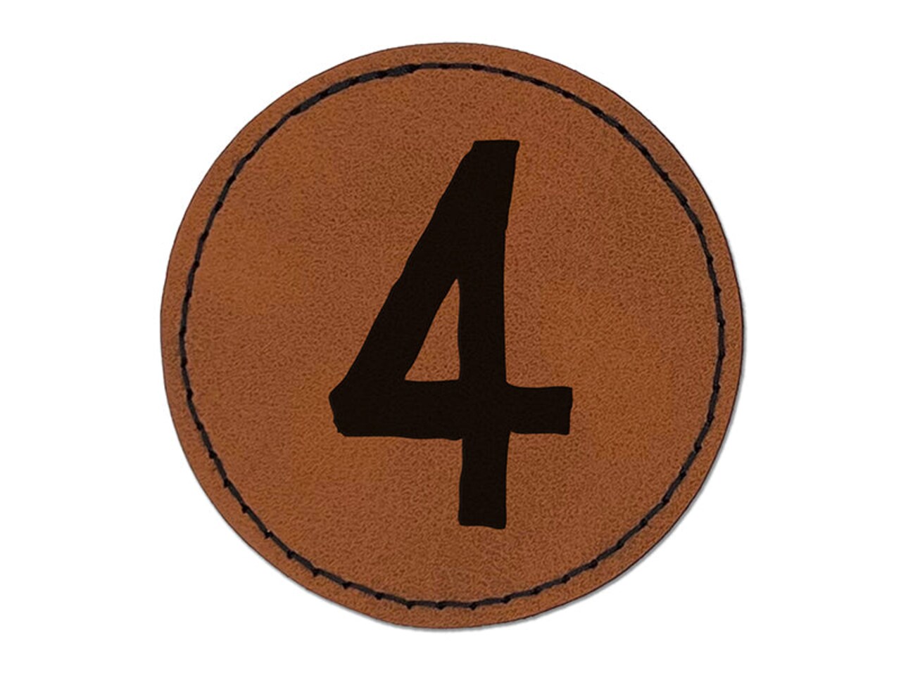 Number 4 Four Cute Typewriter Font Round Iron-On Engraved Faux Leather Patch Applique - 2.5"